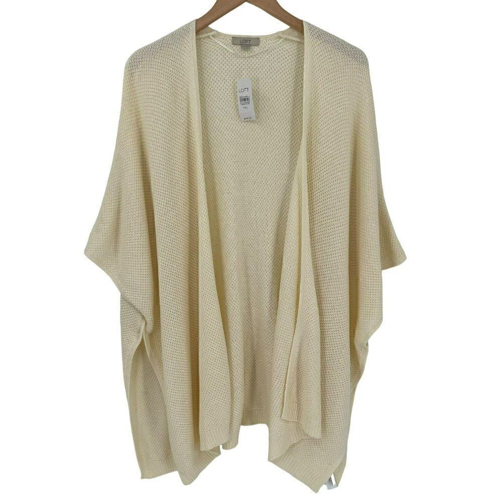 Loft Waffle Knit Open Front Poncho Cardigan Sweater Cream M/L New 533489‎